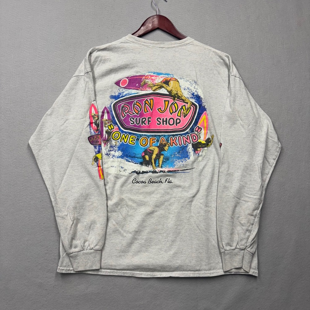 Ron Jon Surf Shop T-Shirt Mens XL Gray Vintage 90s Long Sleeve Cocoa Beach FL